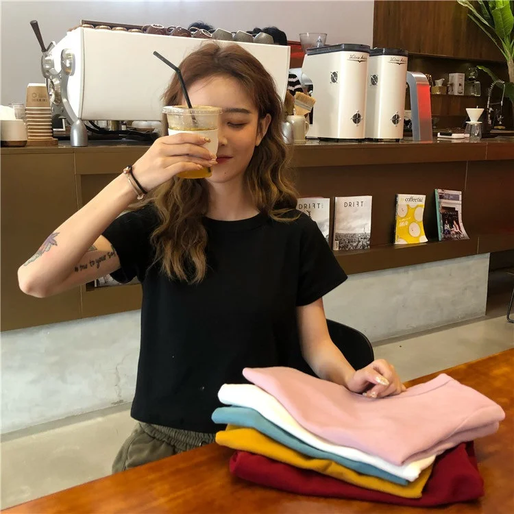 Uveng Uveng Cotton 2024 Summer Wear New Pure Cotton Short Style Show Thin Crop Short-Sleeve T-Shirt Women's Slim And Versatile Pure Color Jacket Tide