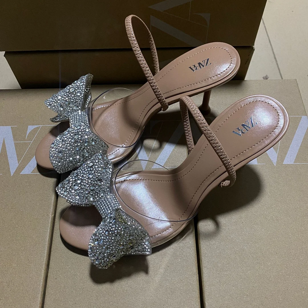 Breakj Breakj Summer New Women's Shoes Beige Water Drill Bows Fine High Heel Sandals Tip-Out Fashion Sandals