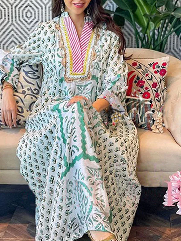 Striped neck green printed maxi dress فساتين