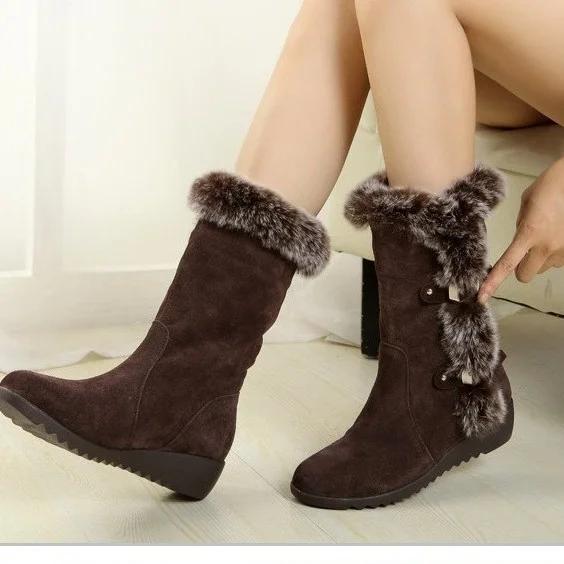 Yyvonne And Winter New Fur Snow Boots With Round Head Belt Buckle Warm Thick Mid-Slope And Cotton Boots Woman