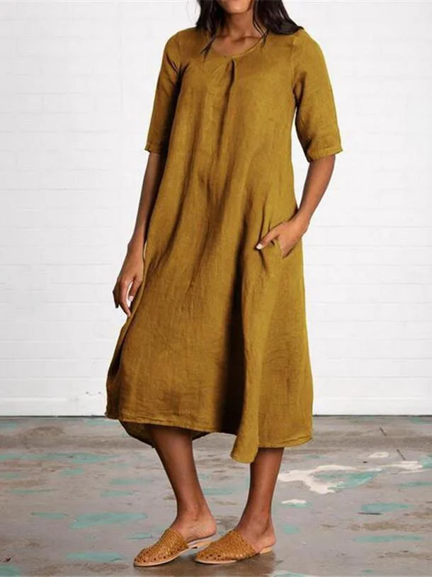 Women's new solid color plus size pocket cotton and linen dress