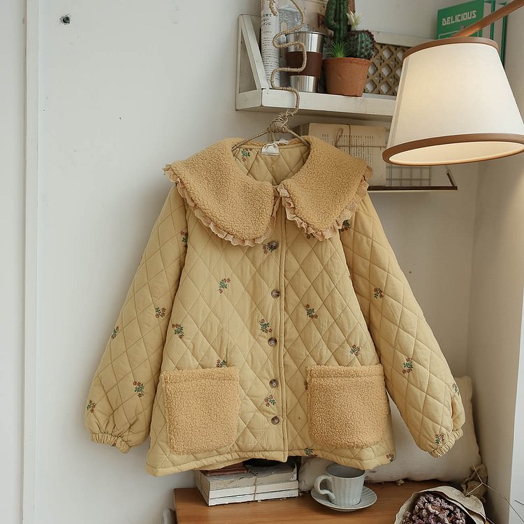 Queenfunky cottagecore style Embroidered Quilted Jacket With Fleece Collar QueenFunky