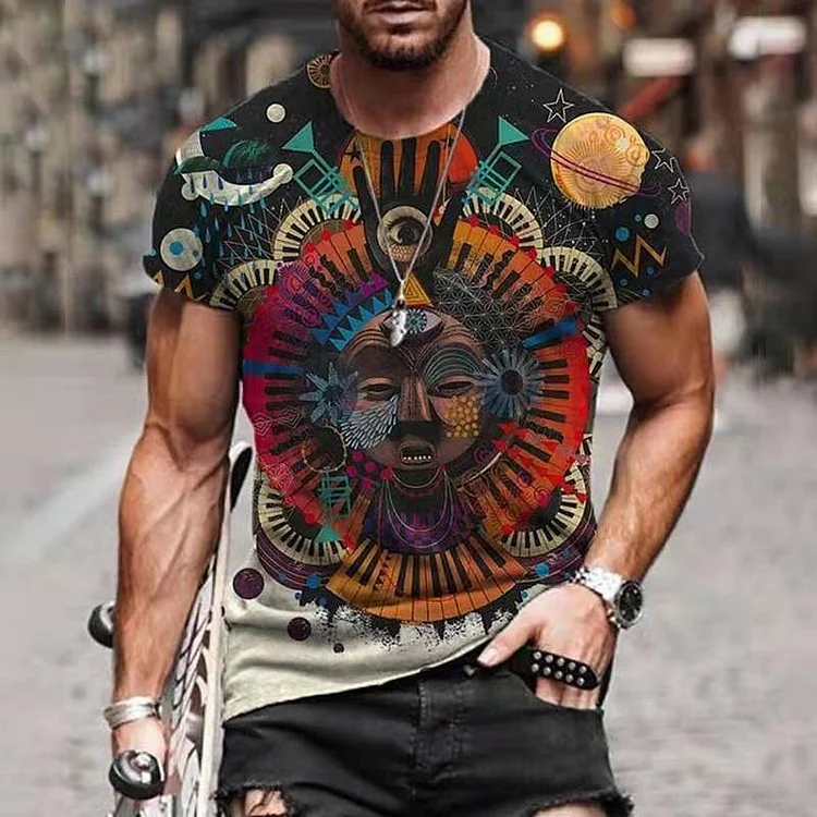Vintage Ethnic Totem Character Printed Mens T-shirts at Hiphopee