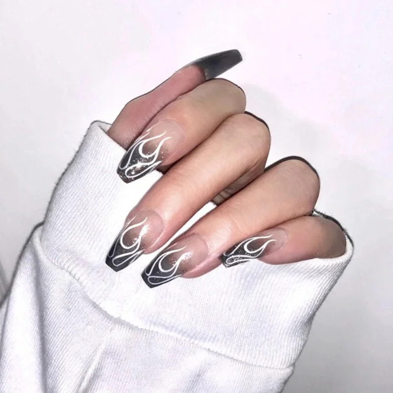 24pcs/set Short Coffin Fake Nails Mixed Blue Pink Fire Pattern Full Cover Nail Decal Art Tips with Glue Matte False Nails-Nail Inspo