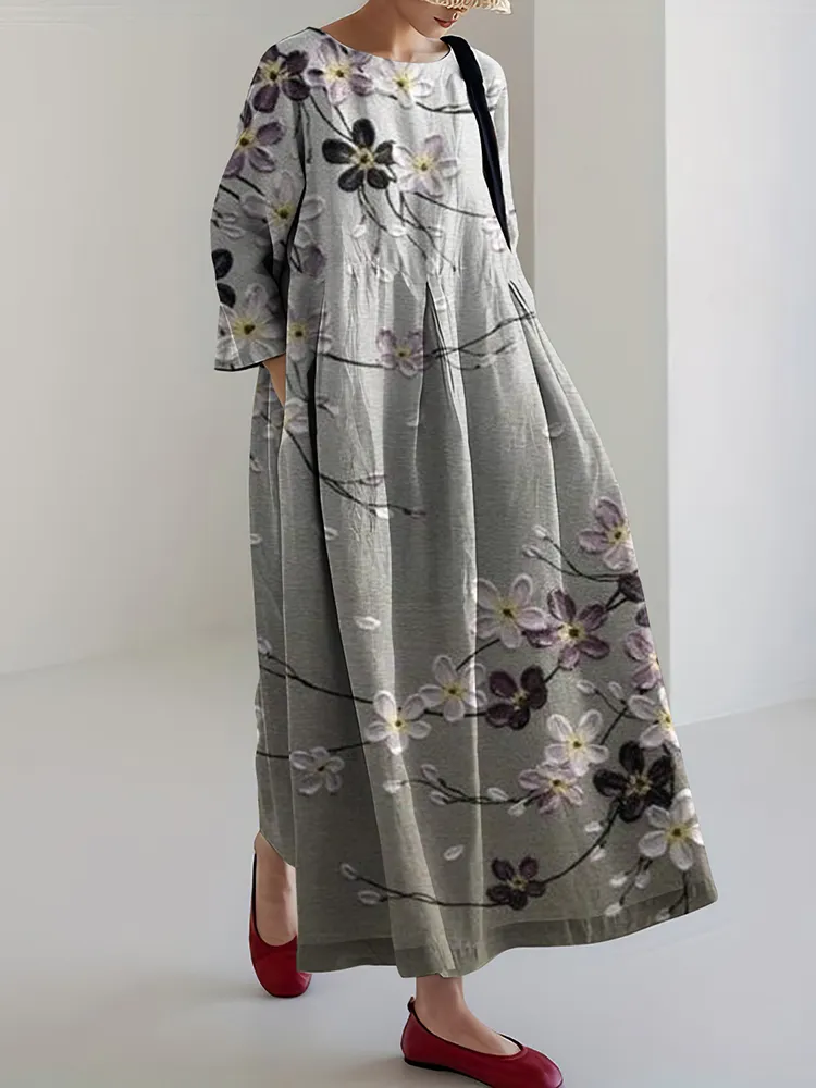 Japanese Art Flower Print Loose Midi Dress
