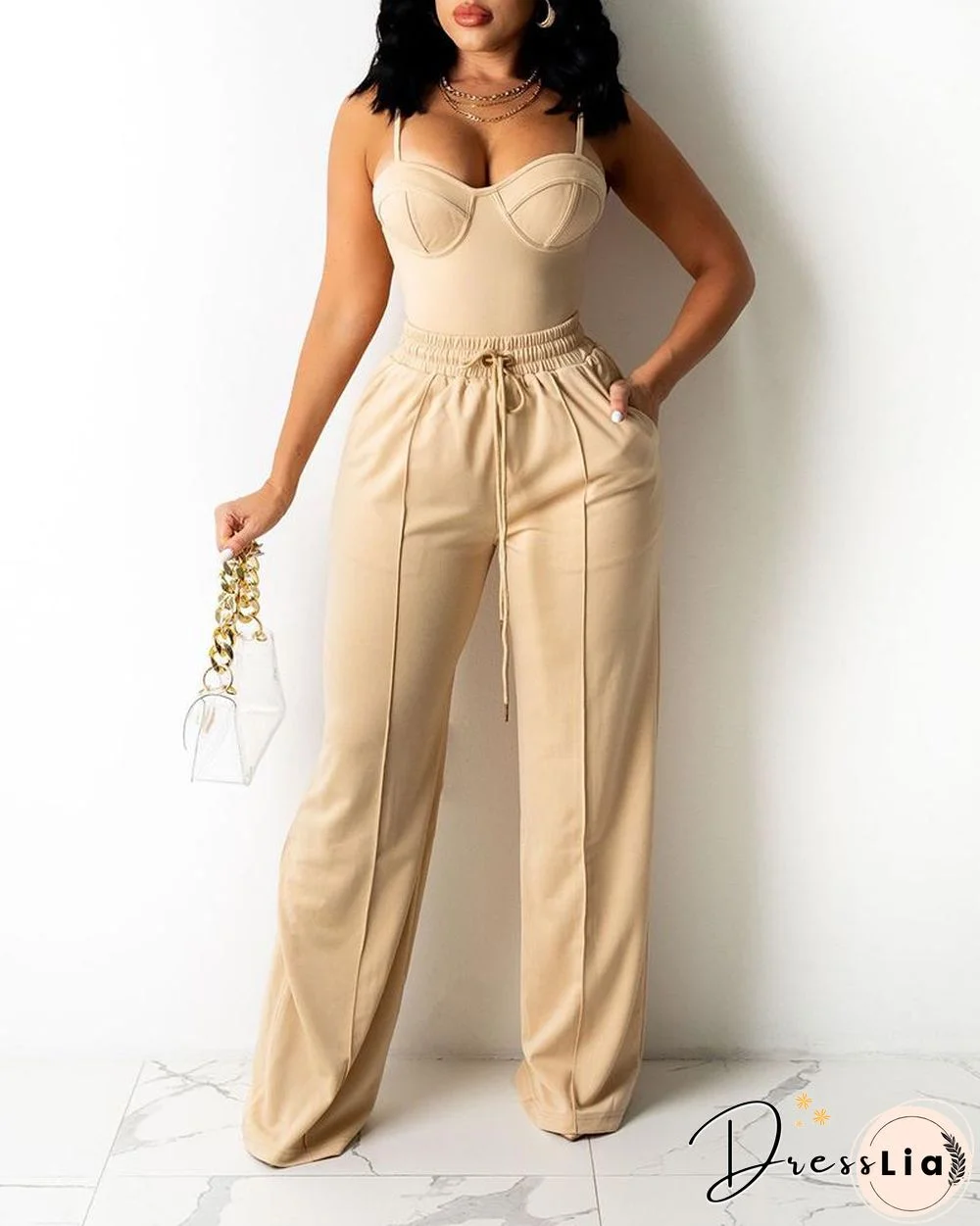 Zipper Back Cami Top & Wide Legs Contrast Pipping Pants Set