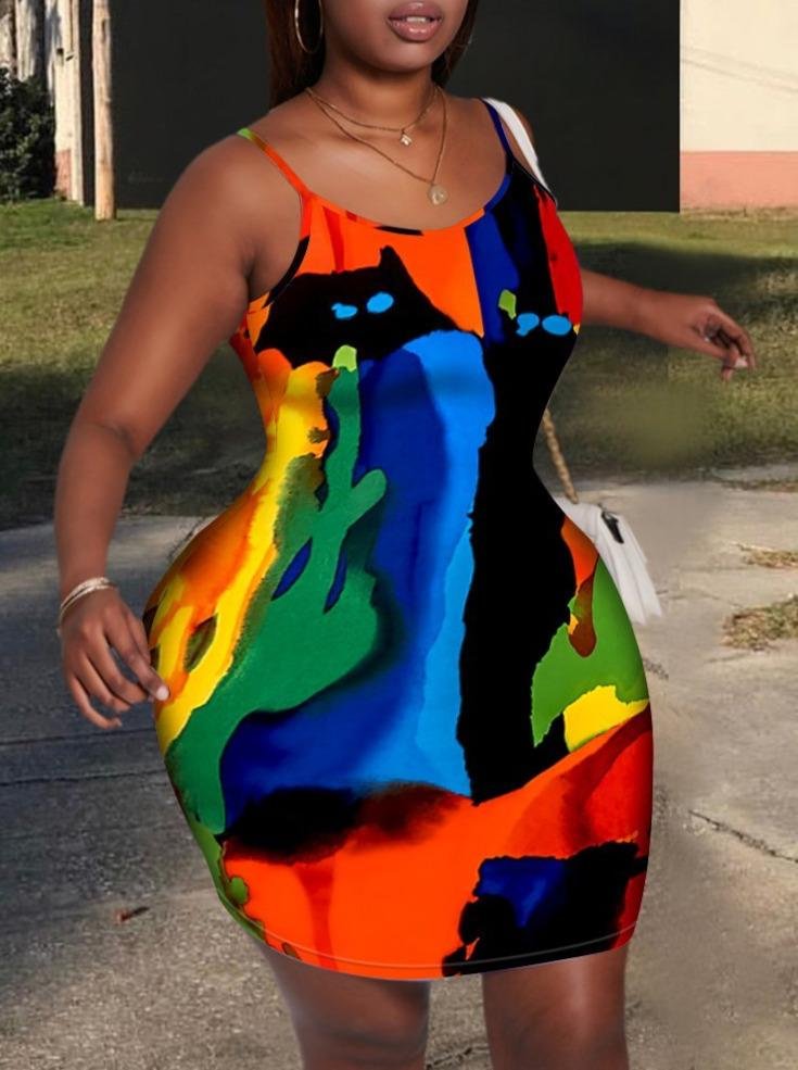 Plus Size Casual Print patchwork Multicolor Mini Dress
