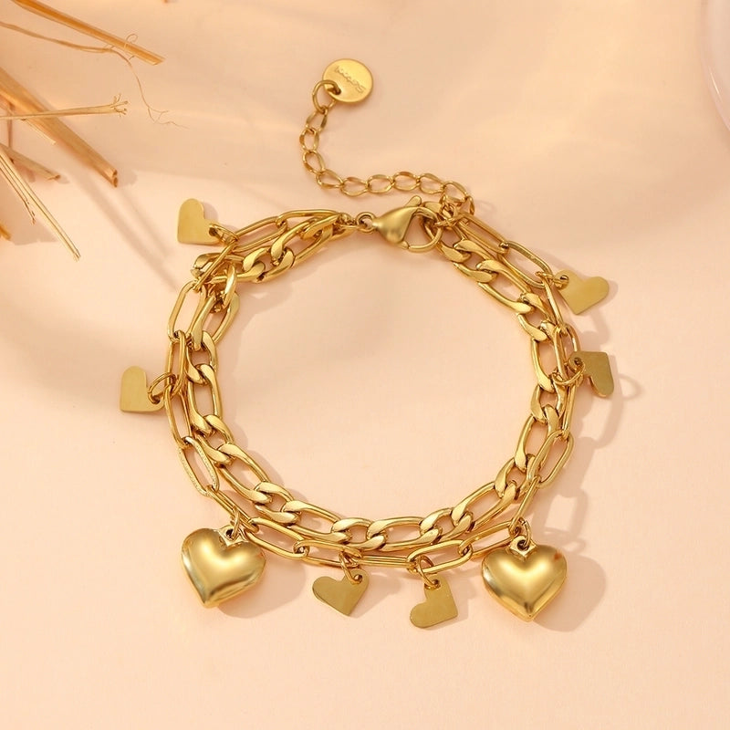 Elegant Heart Shape Titanium Steel 18K Gold Plated Beaded Chain Cable Chain Bracelets In Bulk