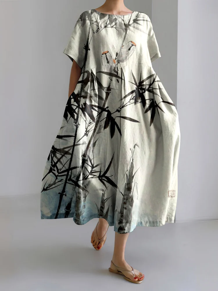 Vintage Birds Bamboo Art Linen Blend Cozy Maxi Dress