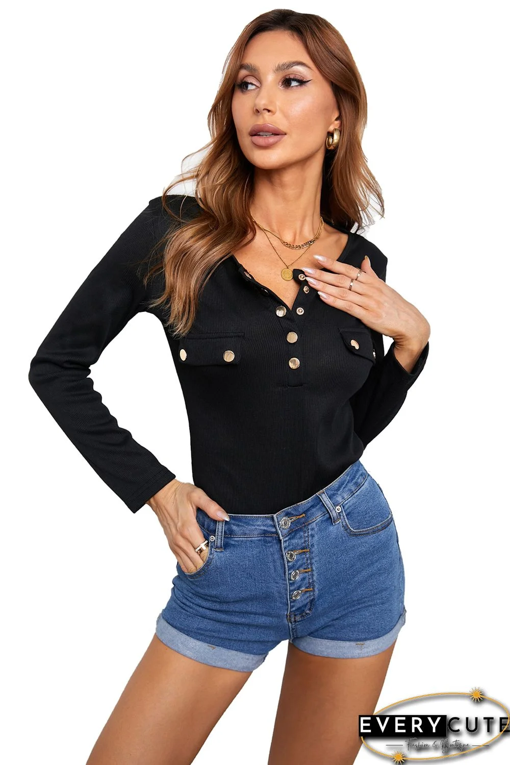 Black Ribbed Front Button Mock Pockets Long Sleeve Top