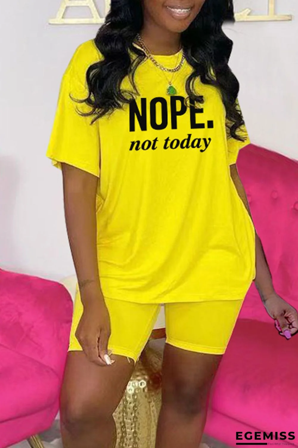 Yellow Casual Print Patchwork O Neck Short Sleeve Two Pieces | EGEMISS