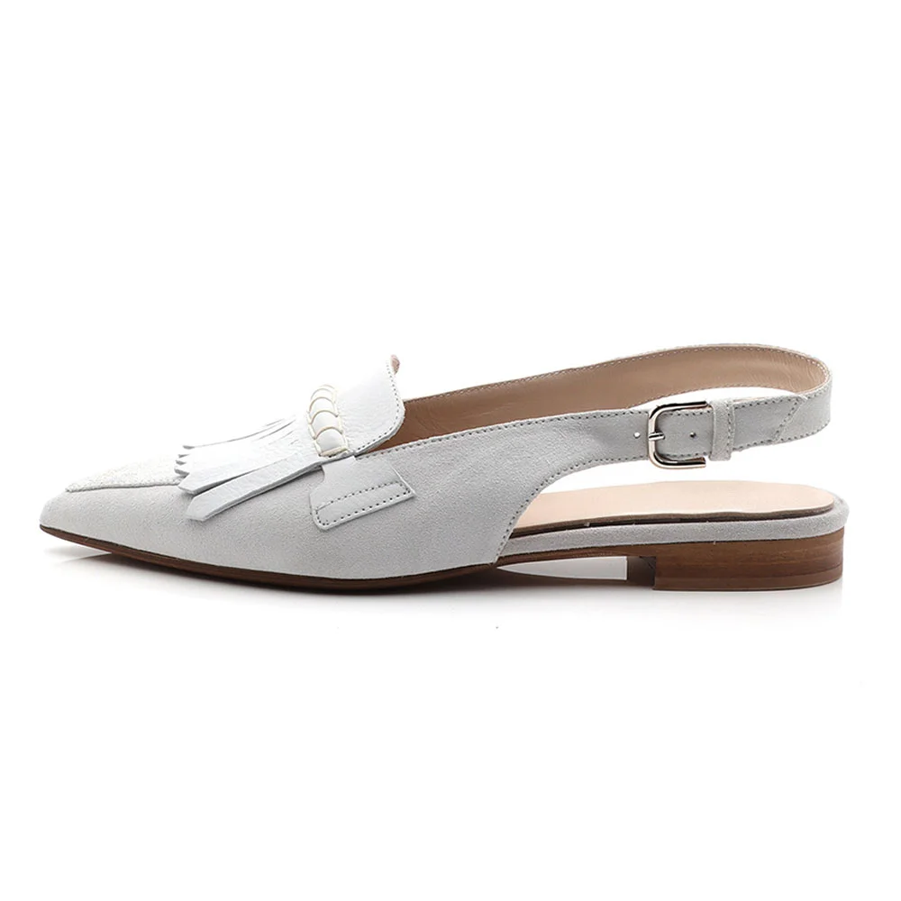 White Fringed Trim Pointed Toe Flat Slingback Shoes with Buckle