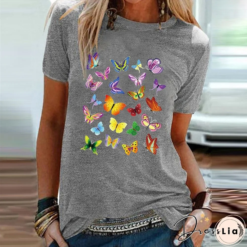 Colorful Butterfly Printed Female T Shirt Summer Fashion Short Sleeve Women T Shirts Round Neck Top Tees