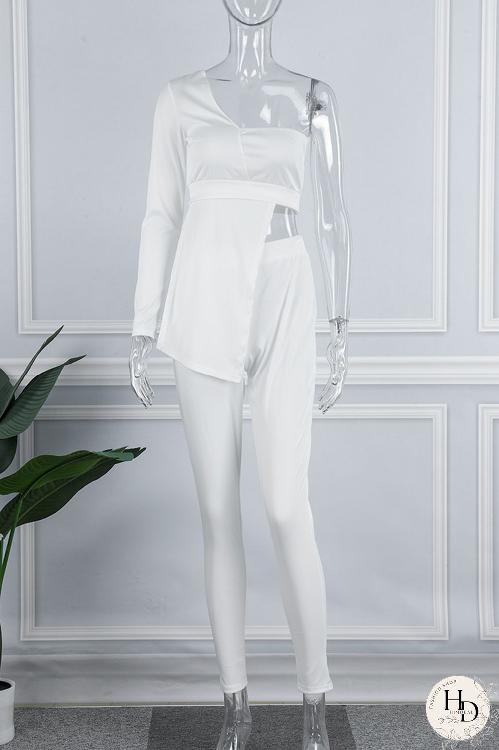 White Sexy Casual Solid Patchwork Backless Asymmetrical One Shoulder Long Sleeve Two Pieces