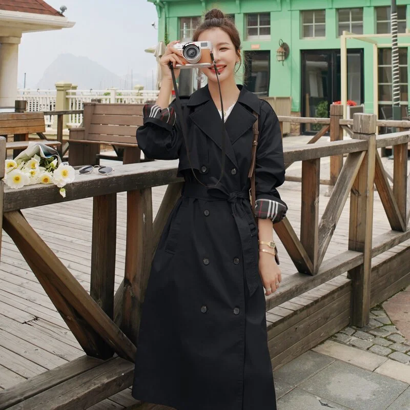 Brand New Fashion Double-Breasted Long Women Trench Coat Office Lady Duster Coat  Female Outerwear Black Khaki Quality