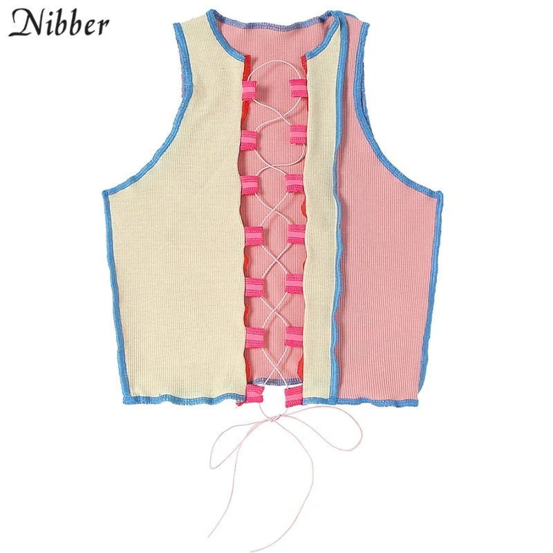 Nibber Sexy club cross Lace Up Patchwork Hollow Sleeveless Crop Top Fashion Slim Clothing Summer party Streetwear Tank mujer