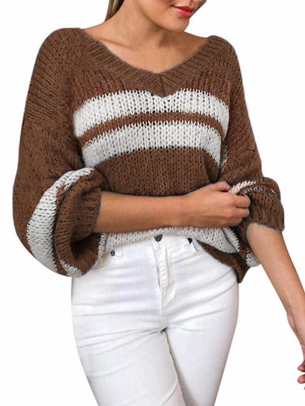 Women's V-neck Knitted Color-Blocking Long Sleeved Sweater Top