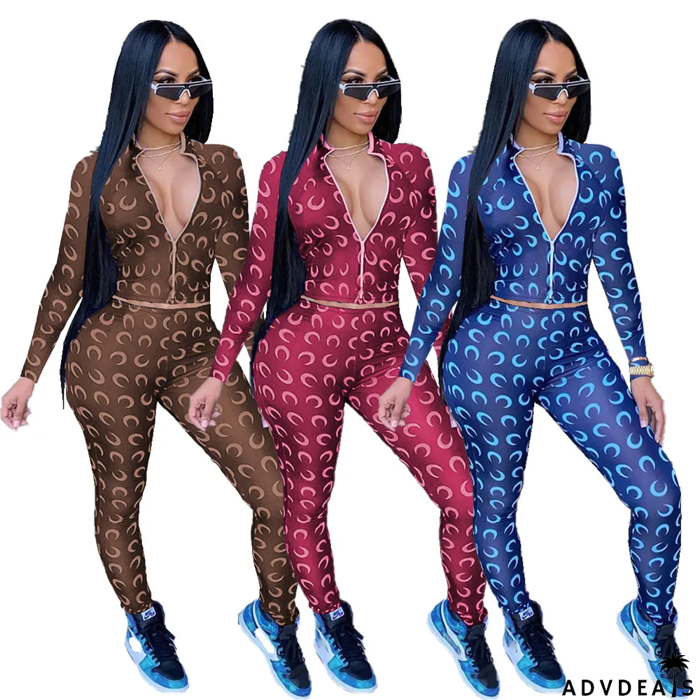 Fashion Multi-color Printed Zipper Sports Casual Suit