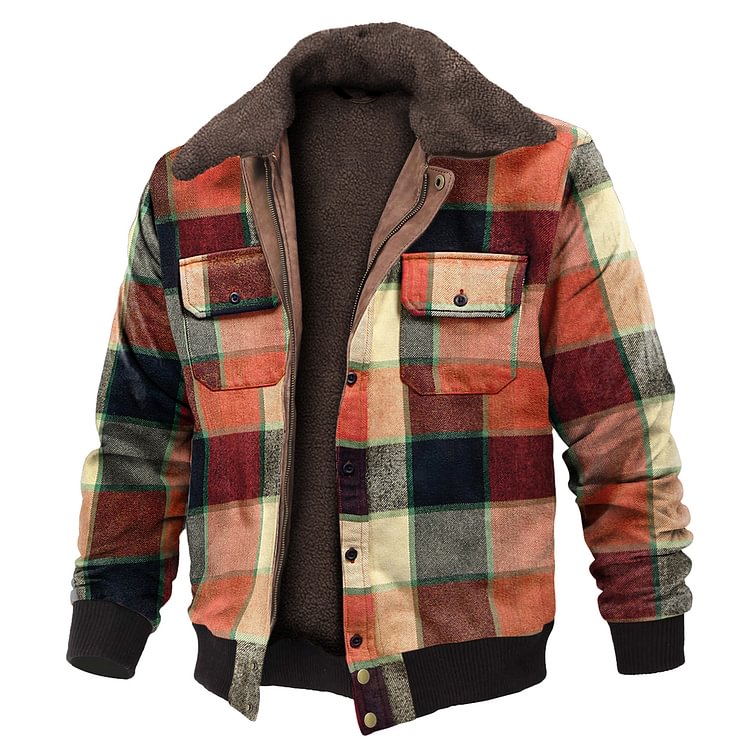 Men's Autumn And Winter Casual Outdoor Fur Collar Plaid Jacket