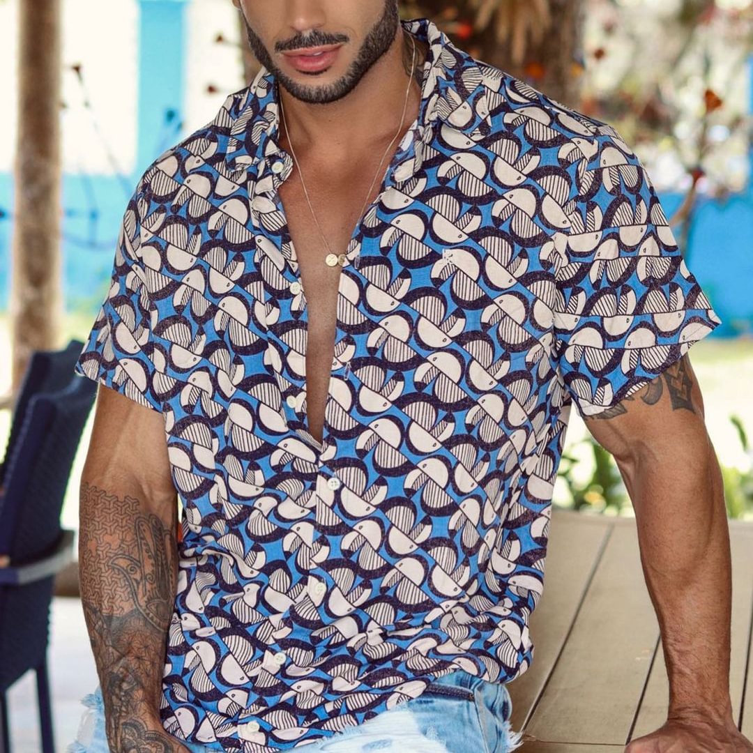 Men's Casual Fashion Geometric Print Short Sleeve Shirt、、URBENIE