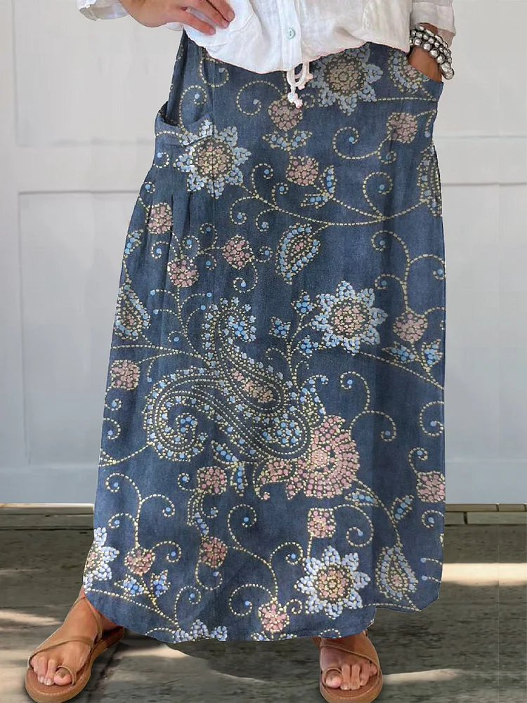 Women's Retro Floral Ethnic Pattern Art Linen Pocket Skirt socialshop