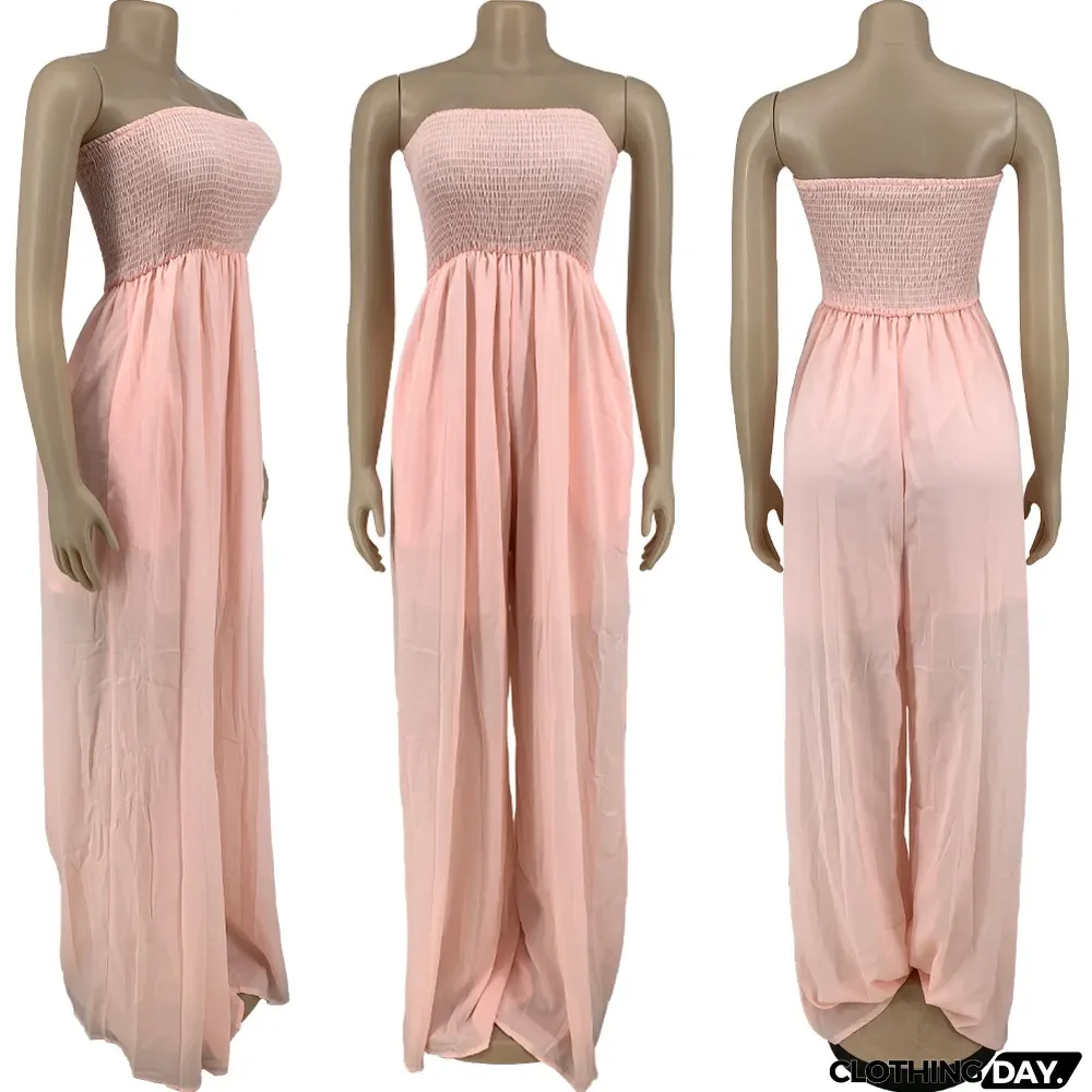 Plus Size Solid Off Shoulder Strapless Wide Leg Jumpsuit