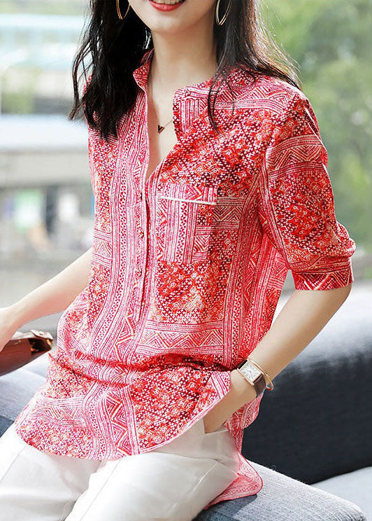 VCSHOES Red V Neck Print Asymmetrical Design Patchwork Chiffon Shirts Top Summer
