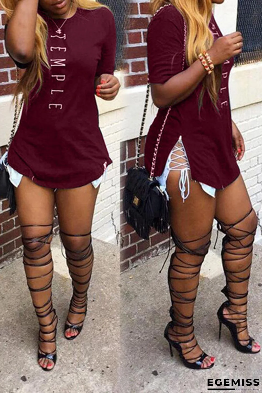 Wine Red O Neck Short Sleeve Split Letter Tees & T-shirts | EGEMISS