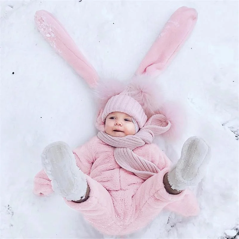 Baby Girls Jumpsuit Winter Warm Pink Romper Big Rabbit Ear Velvet Hooded Romper  Newborn Clothes 0-3Y