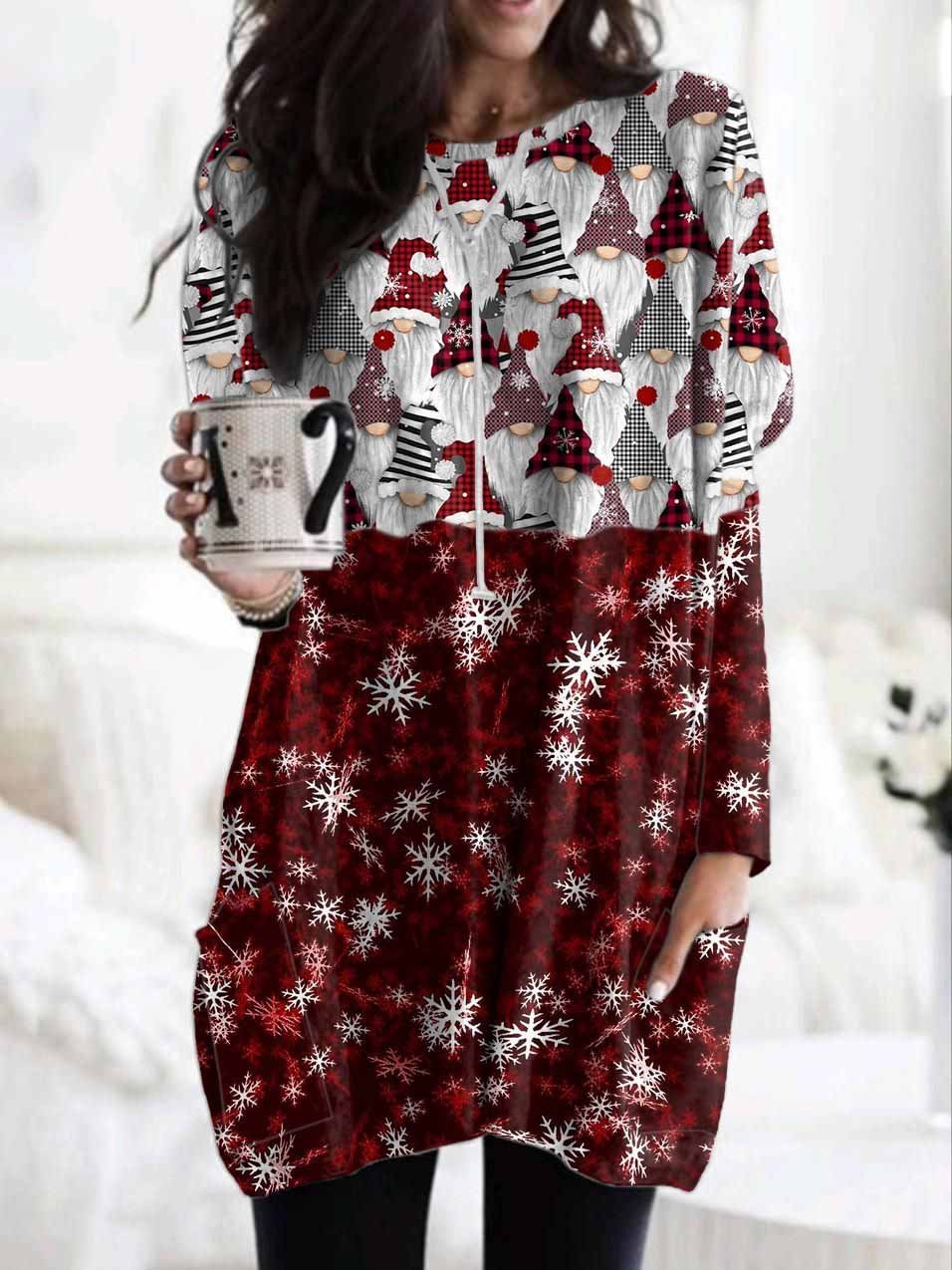 Christmas Gnome Snowflake Pocket Print Dress