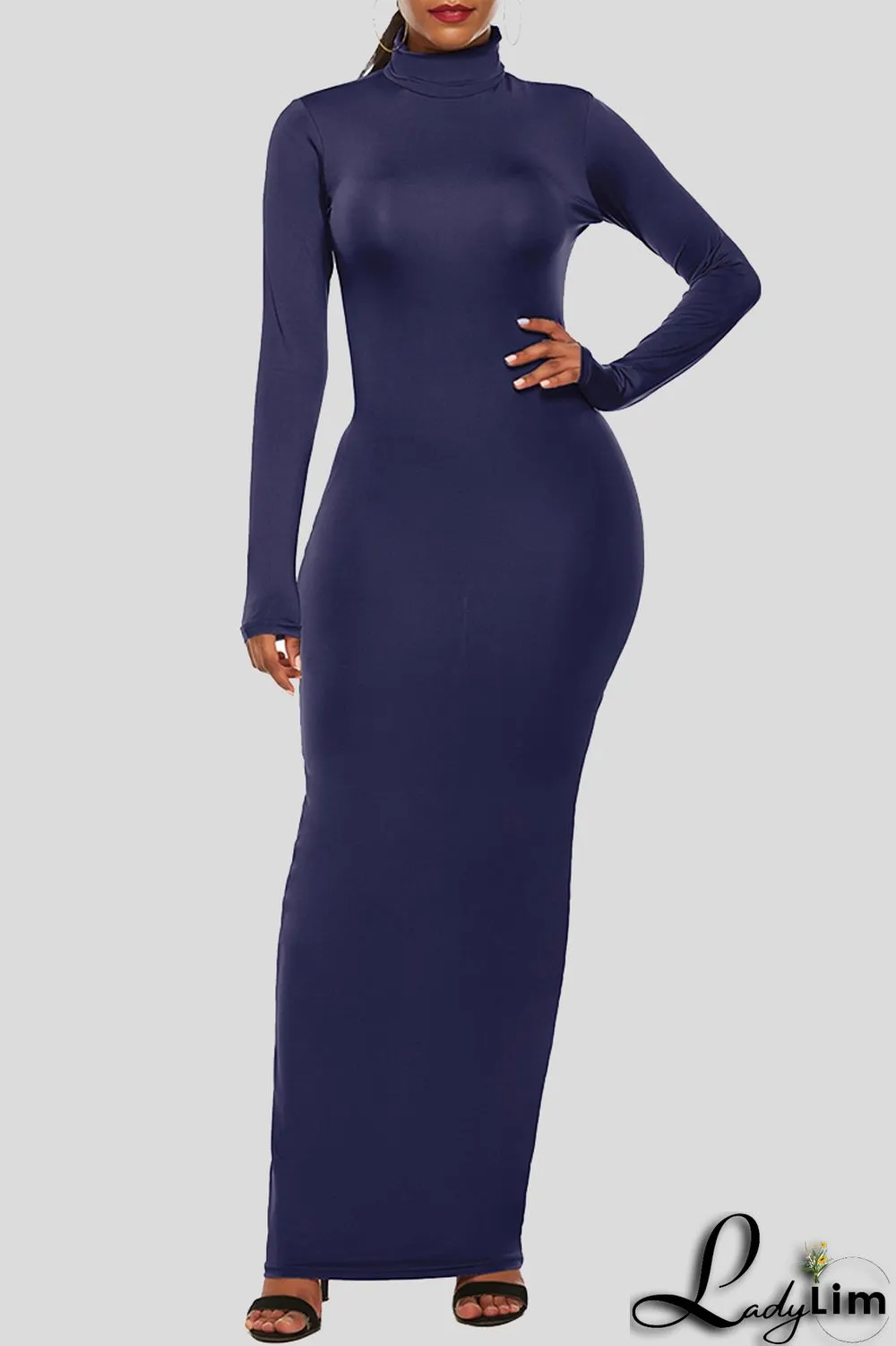 Black Fashion Casual Solid Basic Turtleneck Long Sleeve Dresses