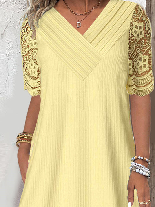 Women Half Sleeve V-neck Solid Color Dress