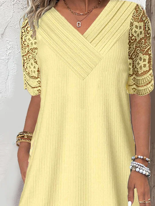 Women Half Sleeve V-neck Solid Color Dress