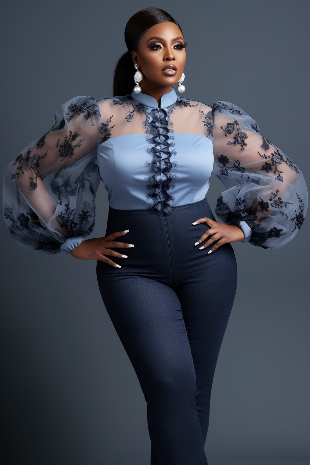 Design Plus Size Party Blue Spring Summer Mock Neck Lantern Sleeve See Through Mesh Blouses [Pre-Order]