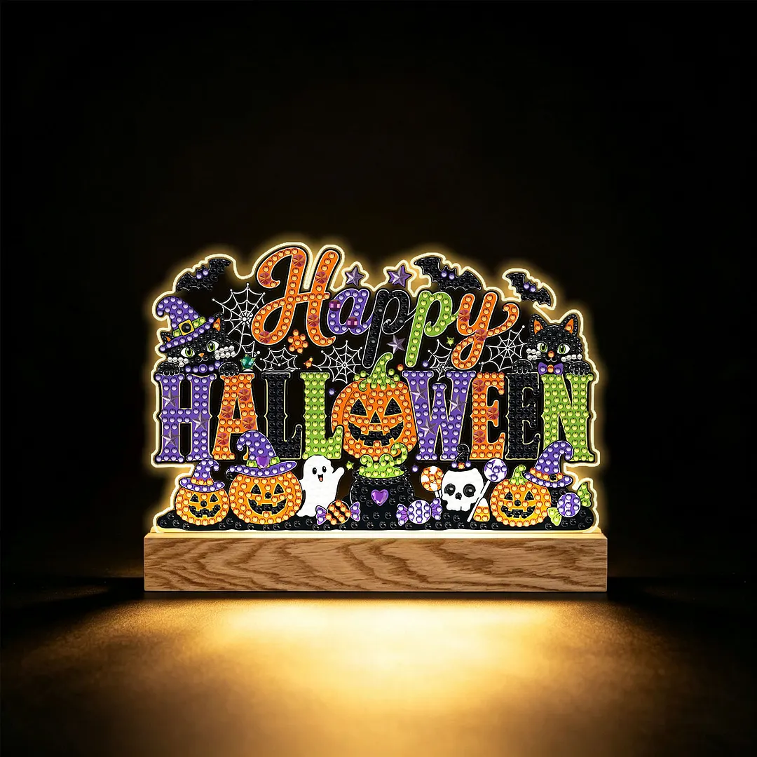 Halloween DIY Acrylic Diamond Painting Night Light for Adults Beginner Diamond Art Table Lamp with Wooden Base for Woman Man Desk Bedroom Tabletop Decor