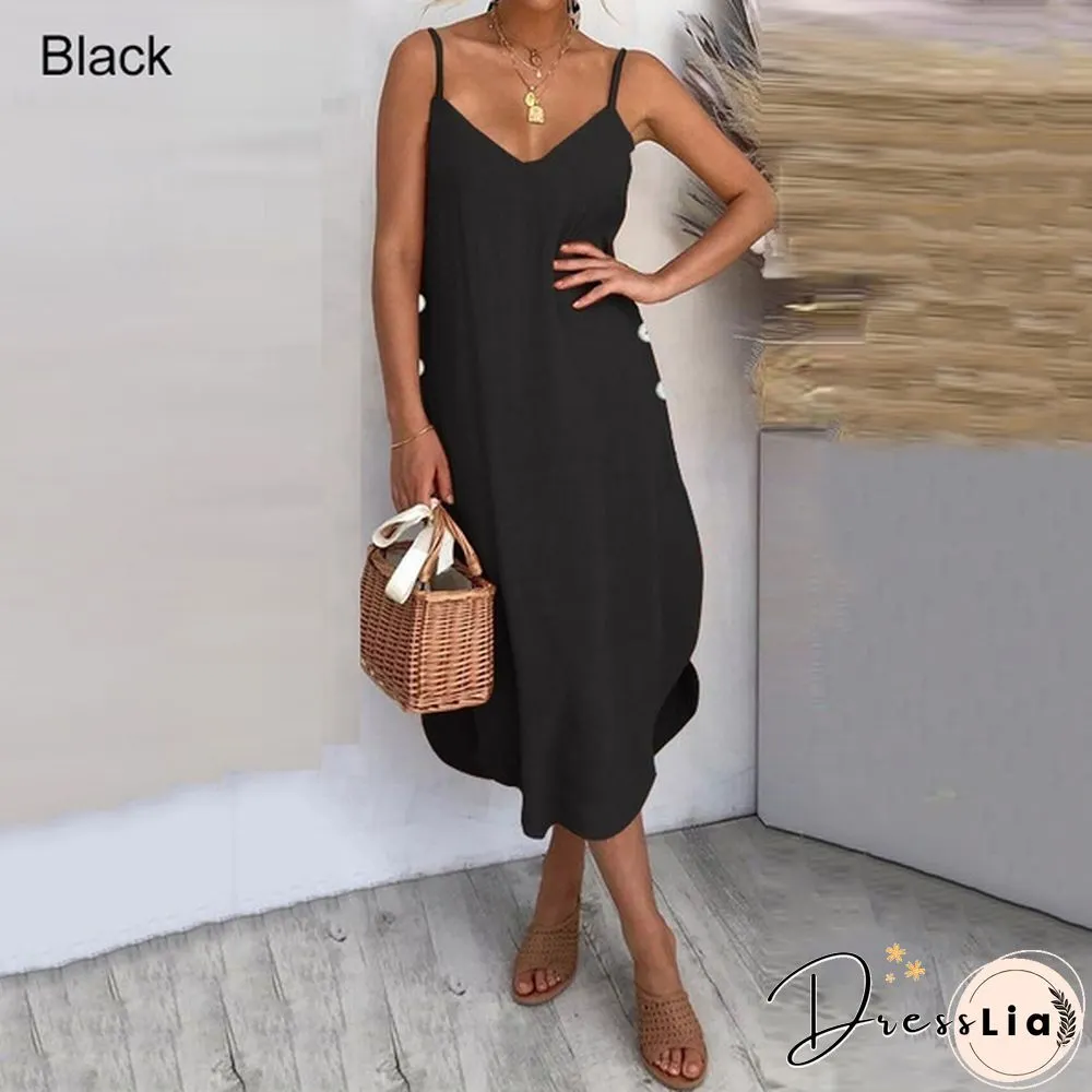 Womens Summer Long Dress Spaghetti Straps Neck Irregular Hem Holiday Casual Party Sundress