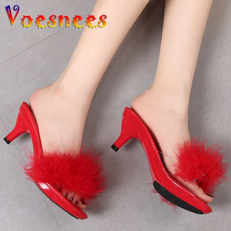 Qengg Solid Color Feather Fairy Slippers Summer Transparent Sandals Thin High Heels Sexy Fur Crystal 6cm Low Heel Derss Women Shoes