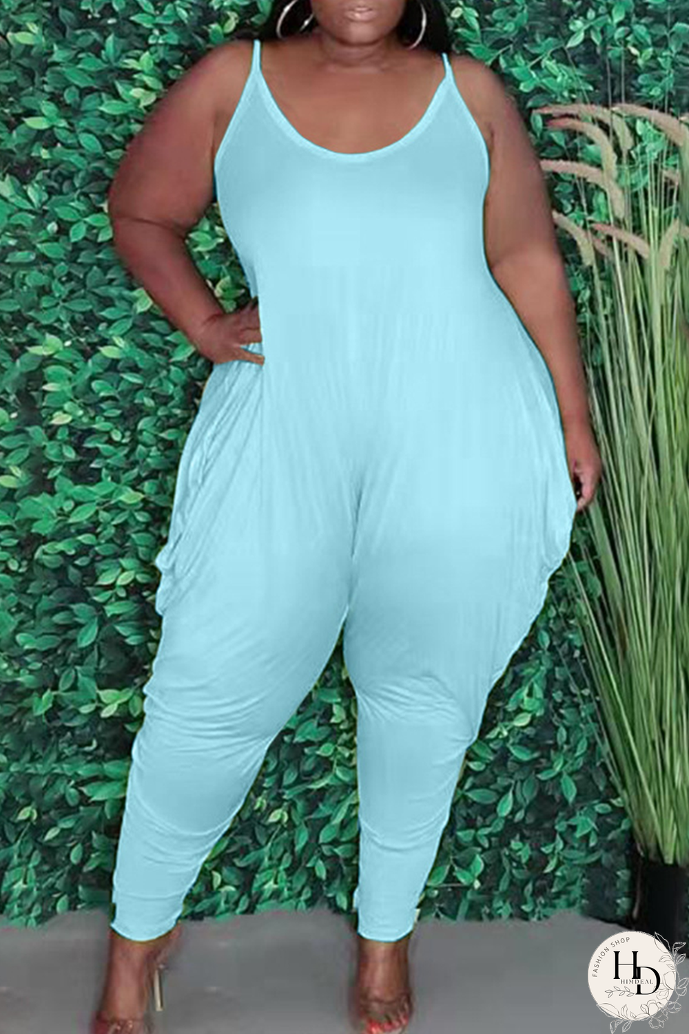 Sky Blue Casual Solid Split Joint Spaghetti Strap Plus Size Jumpsuits
