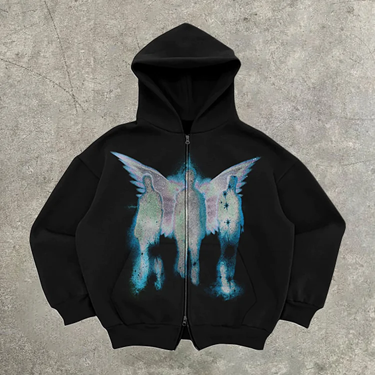 Relaxed Vintage Psychedelic Angel Graphic Casual Street Hip Hop Oversized Zip Up Hoodie
