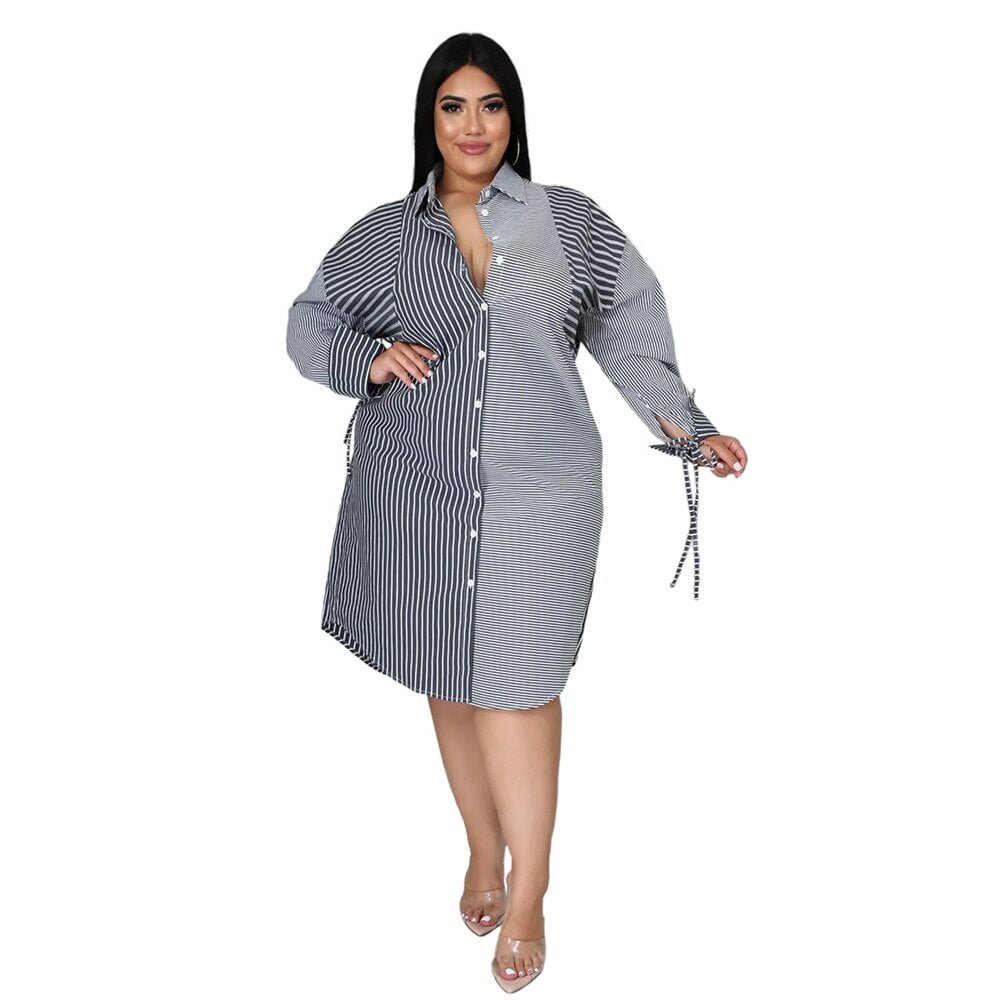 Plus Size Women Fall Clothing Dress Wholesale  Fashion Streetwear Patchwork Striped Office Lady Shirts Midi Dresses Dropshipping