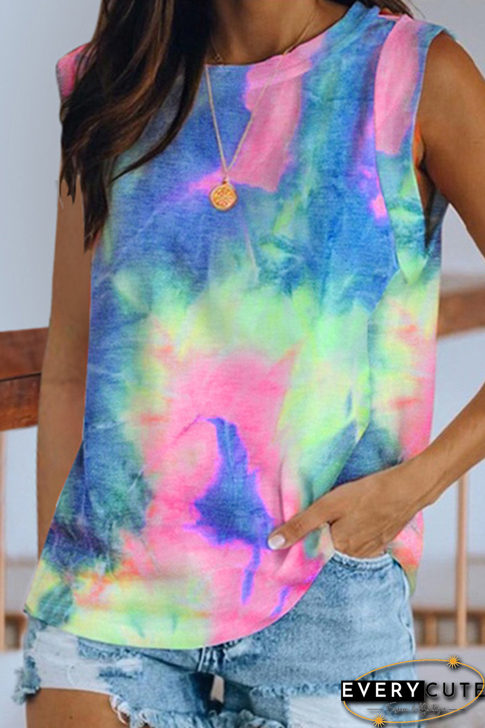 Tie Dye Round Neck Sleeveless Top