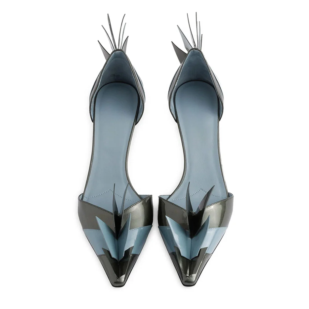 Black & Blue Pointed Toe Flared Heel Wing D'Orsay Pumps for Women