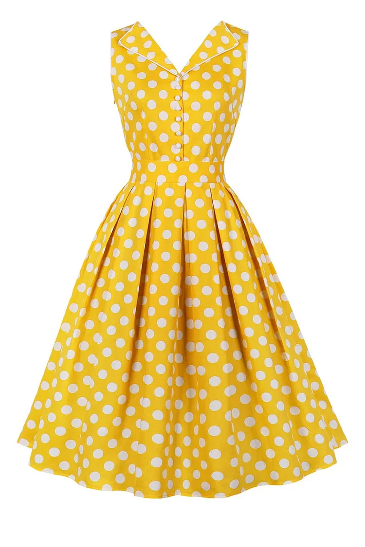 1950s Yellow Party Sleeveless V Neck Polka Dot Bow Midi Dresses