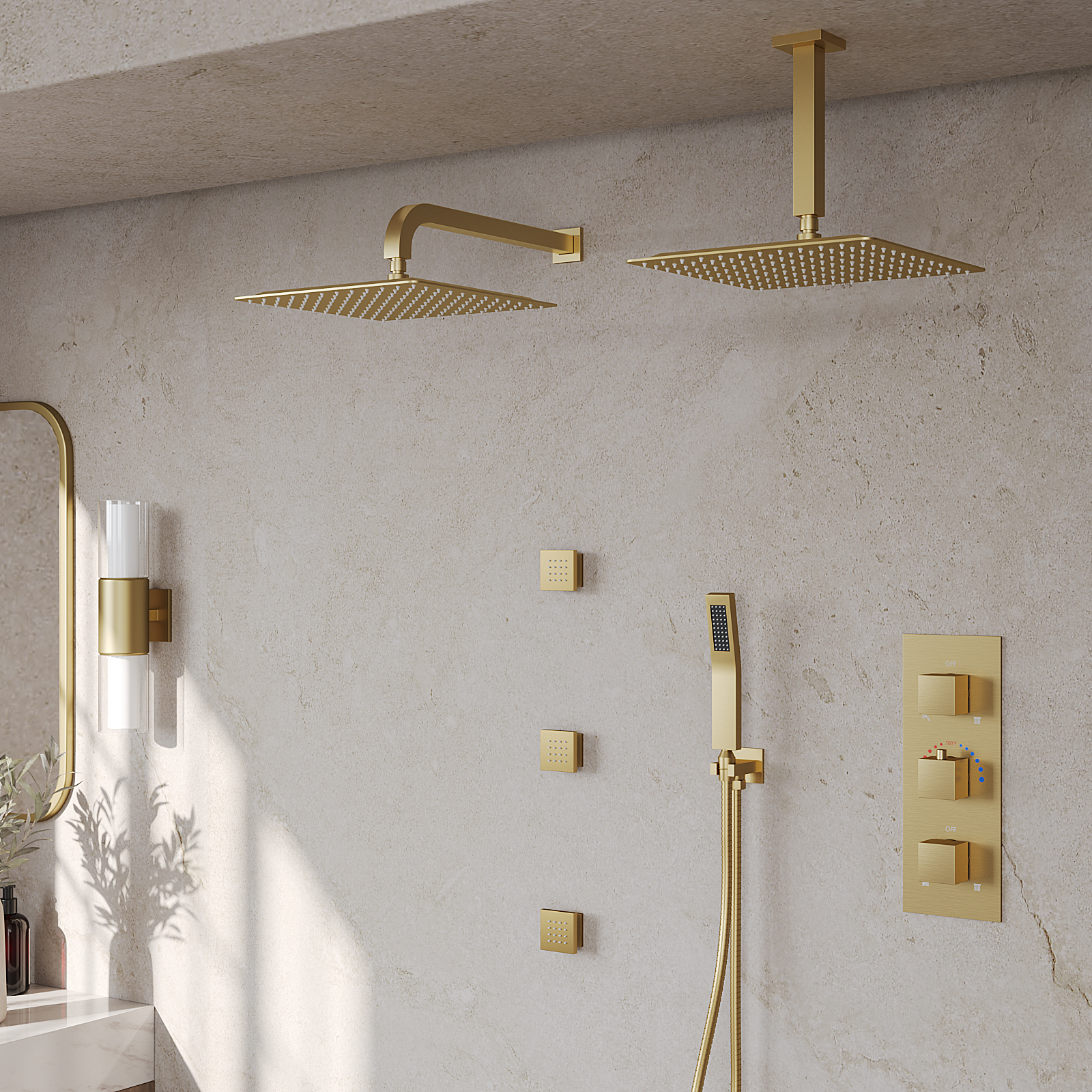 12" Ceiling and Wall Mounted Dual Shower Heads with Handheld Spray and Body Jets - Thermostatic High Pressure, Brushed Gold