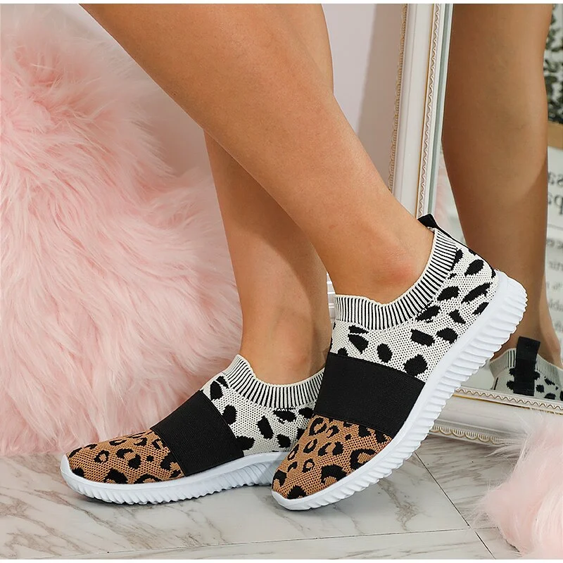 Women Flats Leopard Ladies Loafers Shoes Mesh Vulcanized Shoe Slip-On Sneakers Female Casual Breathable Plus Size Autumn Fashion