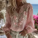 Women's Elegant Pink Floral Embroidery Art V-neck Long Sleeve Blouse - Image 2