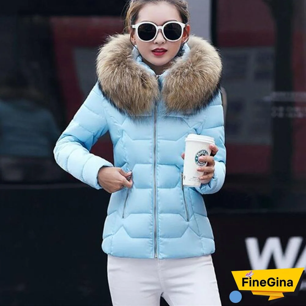 Women Autumn Winter New Fashion Short Coat Cotton-padded Jacket Large Size Hooded Jacket Warm Cotton Female Fur Collar Hoody Parka XS-XXXL