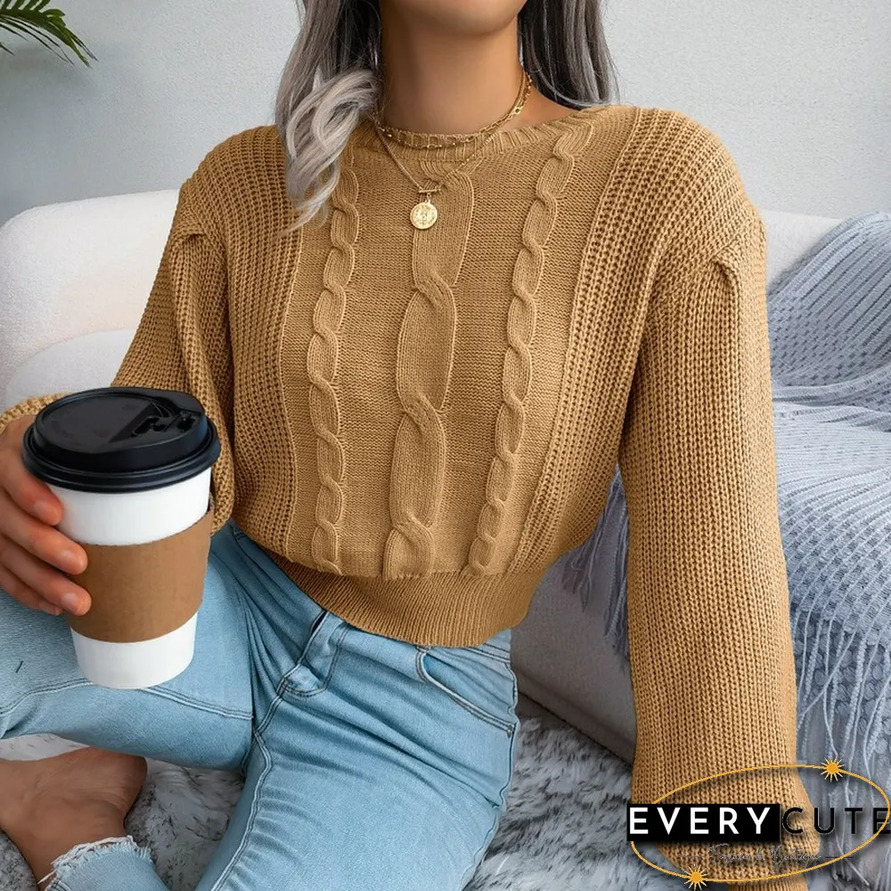 Twist Knit Sweater Pullover For Women Fall New Solid Knitwear Casual Full Balloon Sleeve Waist Skinny Short Sweater
