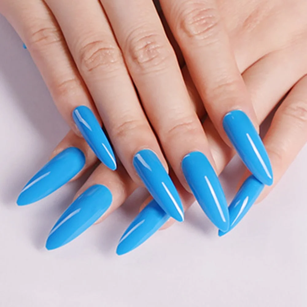 24Pcs Bright Blue Super Long Ballerina Coffin Fake Nail Artificial Press On False Nails With Jelly Glue Finger Manicure Tool-Nail Inspo