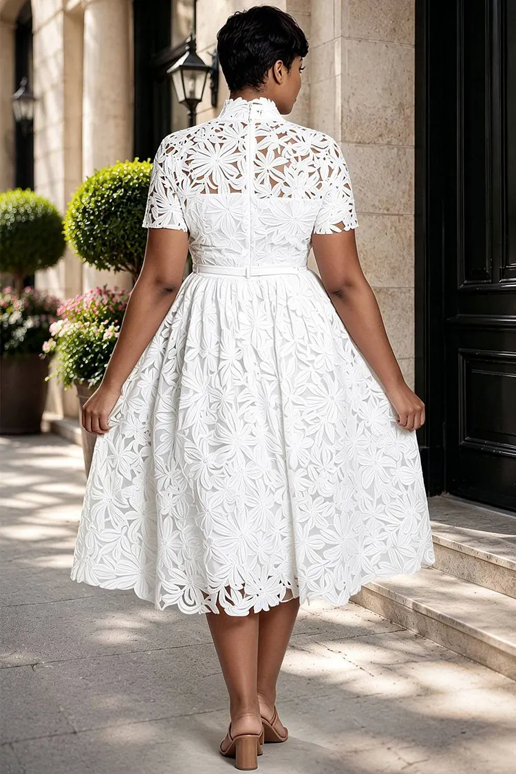 white lace short sleeve midi dress Zhyou No Boundaries Women Eyelet Lace Midi Dresses Summer Style Short Sleeve Casual Frock V-Neck Elastic Waist Flared Skirt Dresses with Pockets,White